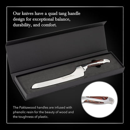 9-Inch Offset Bread Knife - Scallop Serrated Blade - High Carbon German Steel - Ergonomic Quad-Tang Pakkawood Handle
