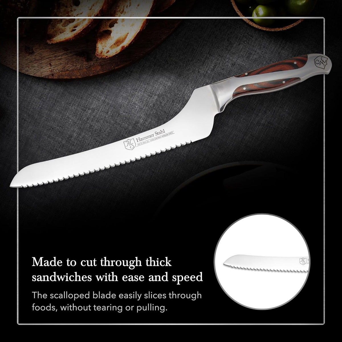 9-Inch Offset Bread Knife - Scallop Serrated Blade - High Carbon German Steel - Ergonomic Quad-Tang Pakkawood Handle