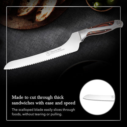 9-Inch Offset Bread Knife - Scallop Serrated Blade - High Carbon German Steel - Ergonomic Quad-Tang Pakkawood Handle