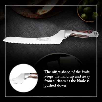 9-Inch Offset Bread Knife - Scallop Serrated Blade - High Carbon German Steel - Ergonomic Quad-Tang Pakkawood Handle