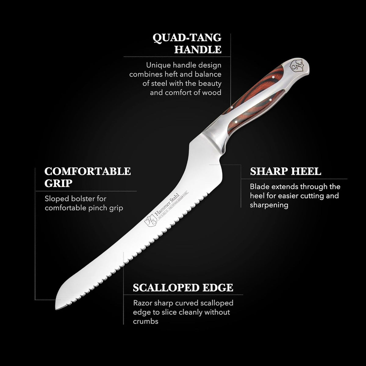 9-Inch Offset Bread Knife - Scallop Serrated Blade - High Carbon German Steel - Ergonomic Quad-Tang Pakkawood Handle