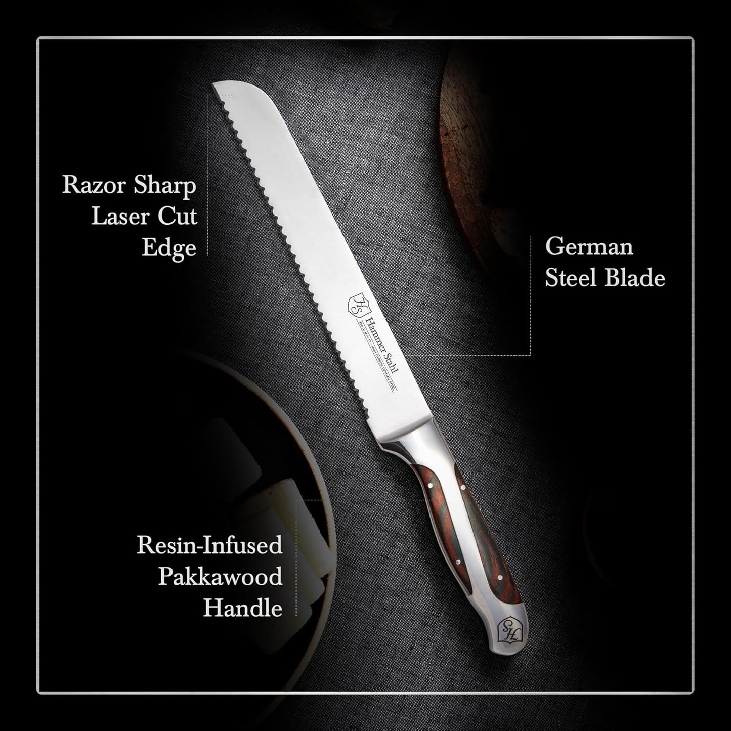 9-Inch Offset Bread Knife - Scallop Serrated Blade - High Carbon German Steel - Ergonomic Quad-Tang Pakkawood Handle