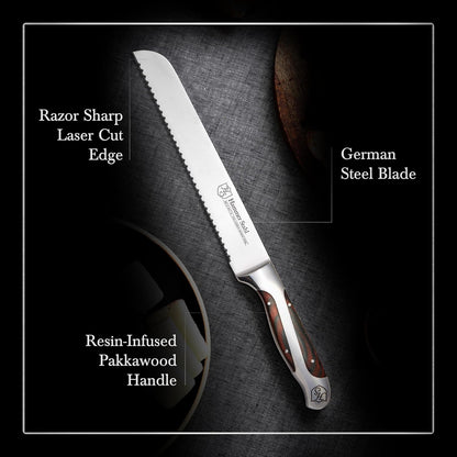 9-Inch Offset Bread Knife - Scallop Serrated Blade - High Carbon German Steel - Ergonomic Quad-Tang Pakkawood Handle