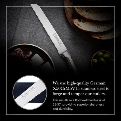 9-Inch Offset Bread Knife - Scallop Serrated Blade - High Carbon German Steel - Ergonomic Quad-Tang Pakkawood Handle