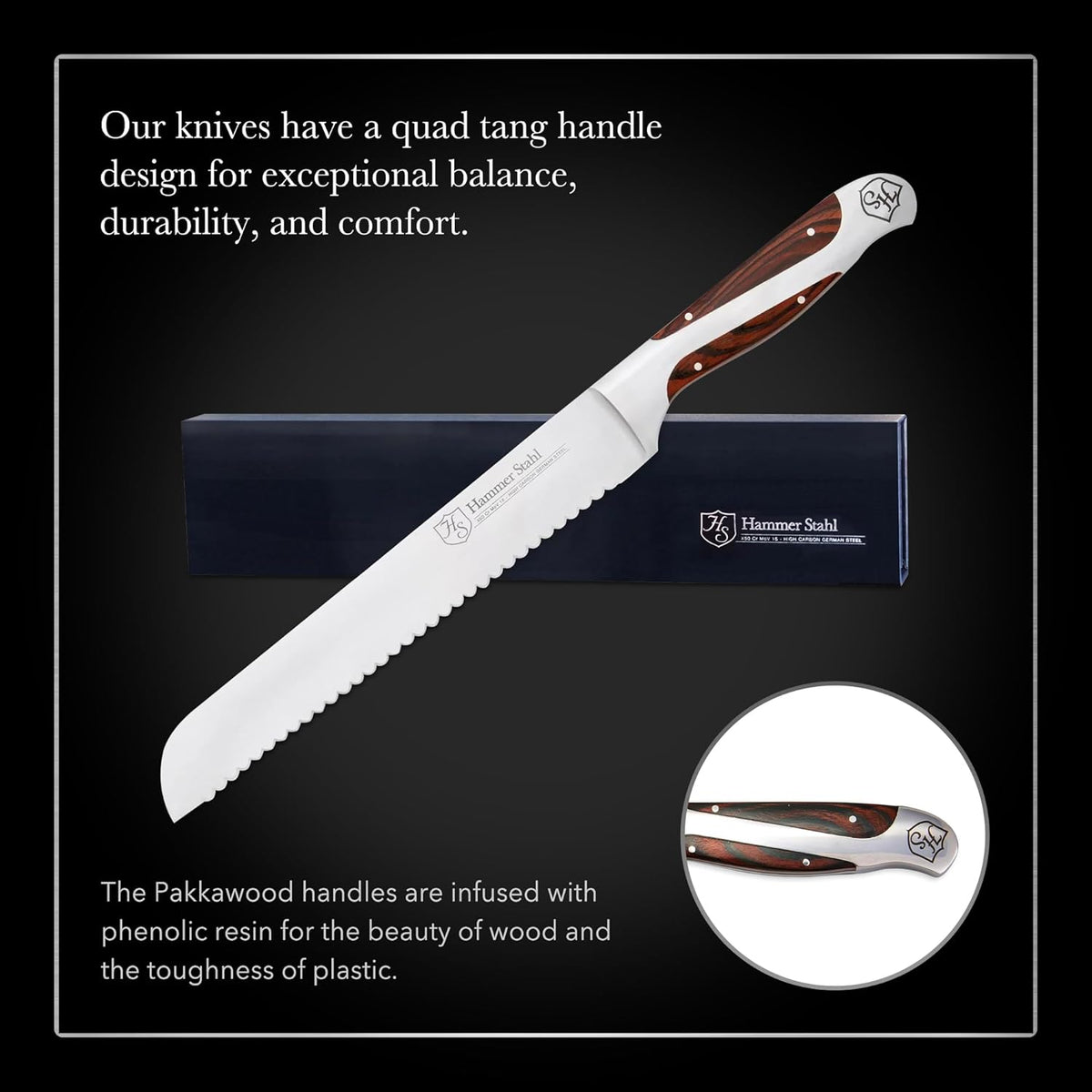 9-Inch Offset Bread Knife - Scallop Serrated Blade - High Carbon German Steel - Ergonomic Quad-Tang Pakkawood Handle