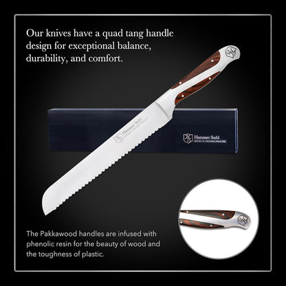 9-Inch Offset Bread Knife - Scallop Serrated Blade - High Carbon German Steel - Ergonomic Quad-Tang Pakkawood Handle