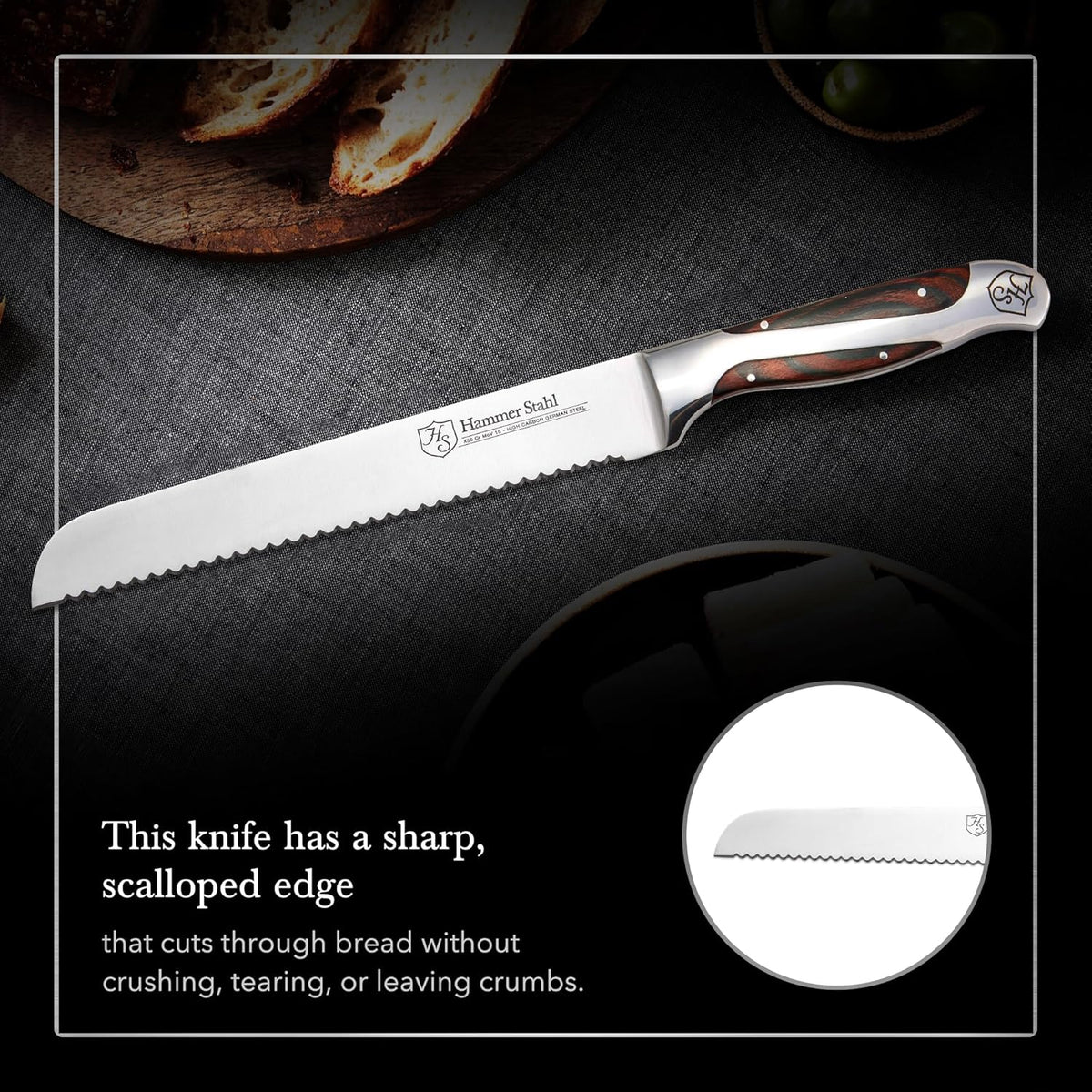 9-Inch Offset Bread Knife - Scallop Serrated Blade - High Carbon German Steel - Ergonomic Quad-Tang Pakkawood Handle