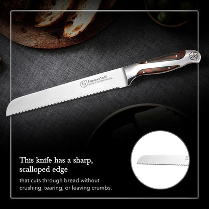9-Inch Offset Bread Knife - Scallop Serrated Blade - High Carbon German Steel - Ergonomic Quad-Tang Pakkawood Handle