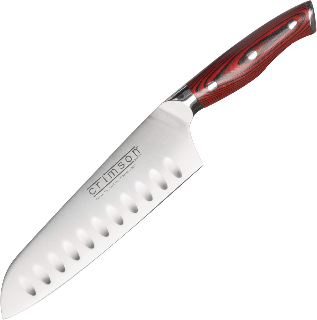 Crimson Series 7-Inch Japanese Santoku Knife - Professional High Carbon X50CrMoV15 German Stainless Steel, Hollow Ground Blade, G10 Ergonomic Handle for Precise Kitchen Performance