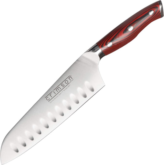 Crimson Series 7-Inch Japanese Santoku Knife - Professional High Carbon X50CrMoV15 German Stainless Steel, Hollow Ground Blade, G10 Ergonomic Handle for Precise Kitchen Performance