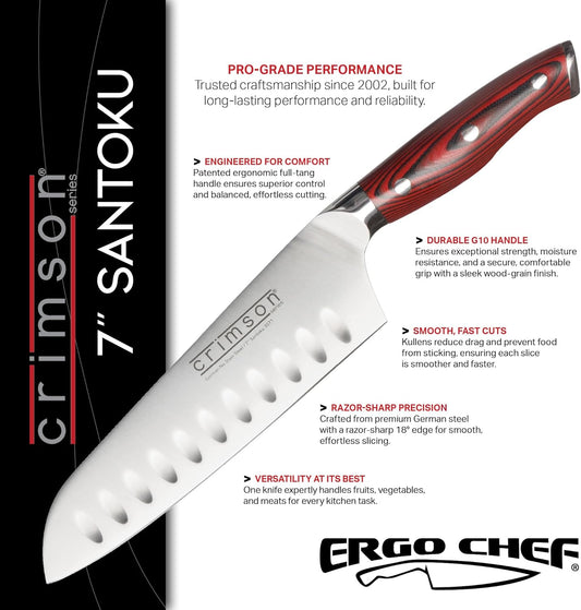Crimson Series 7-Inch Japanese Santoku Knife - Professional High Carbon X50CrMoV15 German Stainless Steel, Hollow Ground Blade, G10 Ergonomic Handle for Precise Kitchen Performance