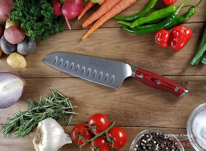 Crimson Series 7-Inch Japanese Santoku Knife - Professional High Carbon X50CrMoV15 German Stainless Steel, Hollow Ground Blade, G10 Ergonomic Handle for Precise Kitchen Performance