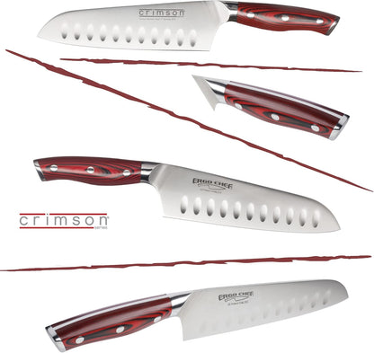 Crimson Series 7-Inch Japanese Santoku Knife - Professional High Carbon X50CrMoV15 German Stainless Steel, Hollow Ground Blade, G10 Ergonomic Handle for Precise Kitchen Performance