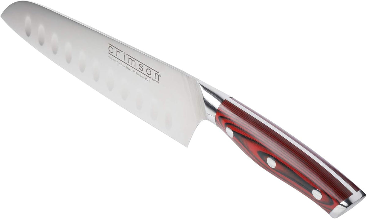 Crimson Series 7-Inch Japanese Santoku Knife - Professional High Carbon X50CrMoV15 German Stainless Steel, Hollow Ground Blade, G10 Ergonomic Handle for Precise Kitchen Performance