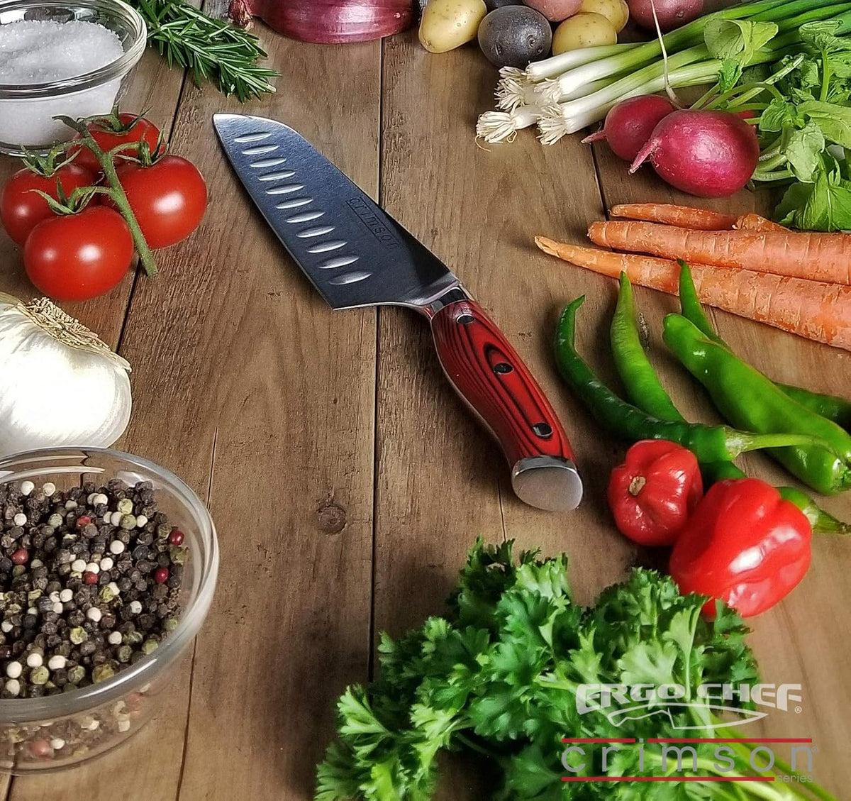 Crimson Series 7-Inch Japanese Santoku Knife - Professional High Carbon X50CrMoV15 German Stainless Steel, Hollow Ground Blade, G10 Ergonomic Handle for Precise Kitchen Performance