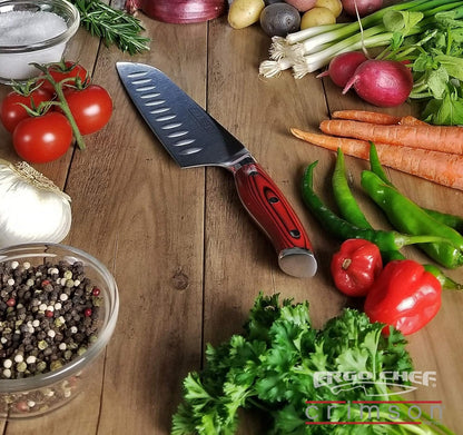 Crimson Series 7-Inch Japanese Santoku Knife - Professional High Carbon X50CrMoV15 German Stainless Steel, Hollow Ground Blade, G10 Ergonomic Handle for Precise Kitchen Performance