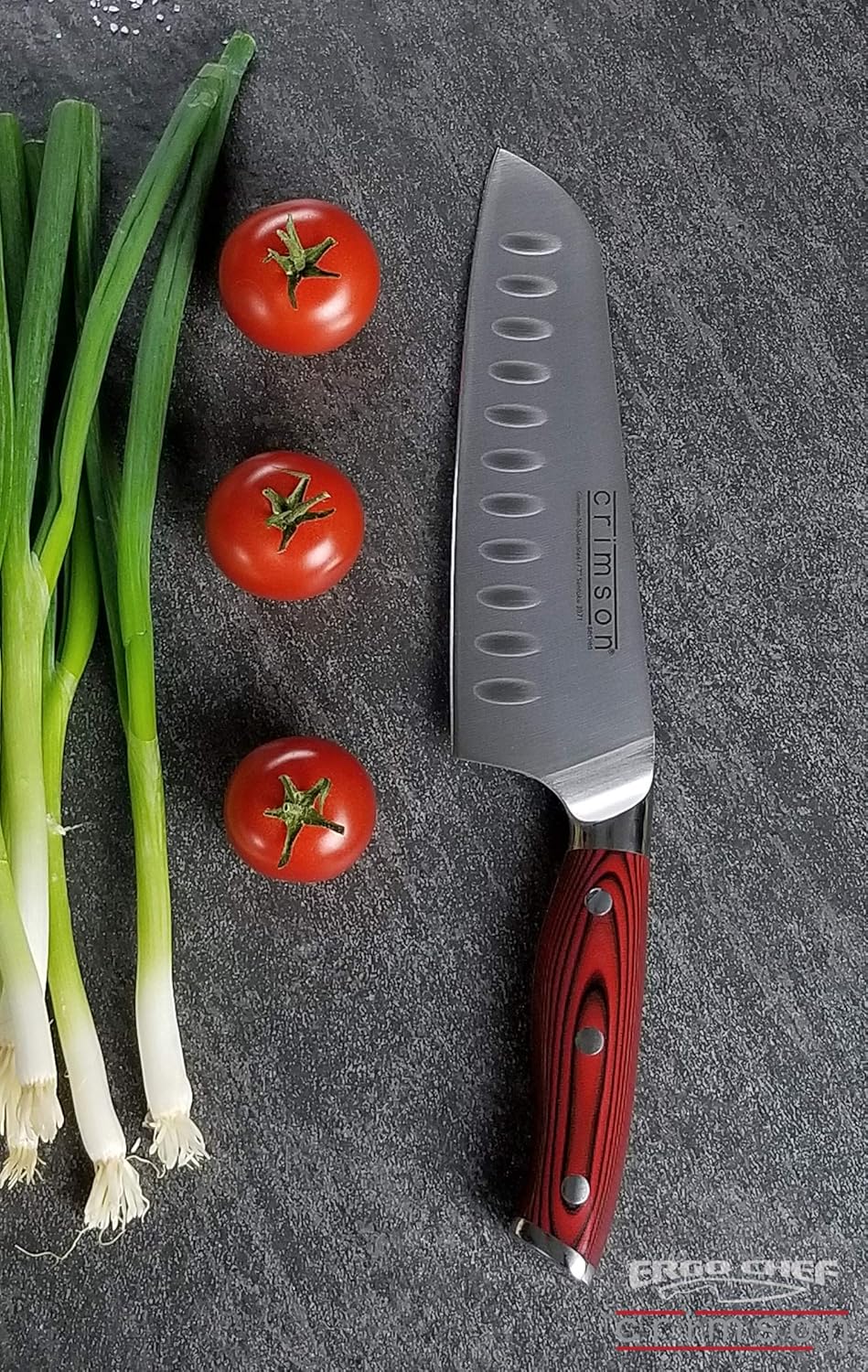 Crimson Series 7-Inch Japanese Santoku Knife - Professional High Carbon X50CrMoV15 German Stainless Steel, Hollow Ground Blade, G10 Ergonomic Handle for Precise Kitchen Performance