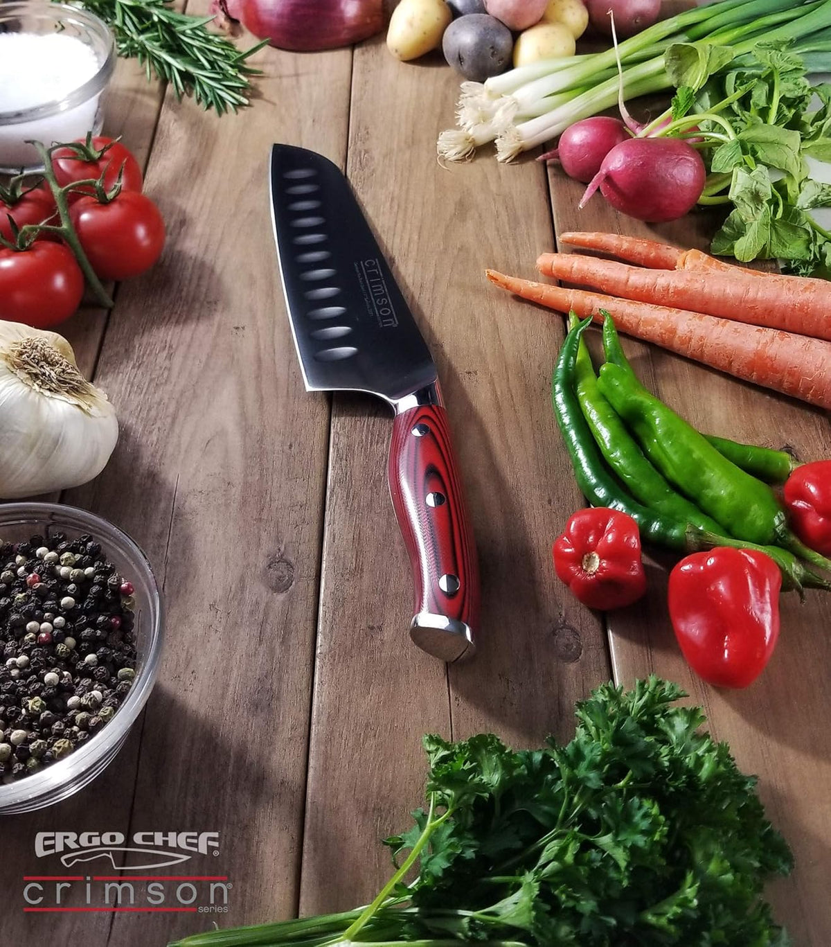 Crimson Series 7-Inch Japanese Santoku Knife - Professional High Carbon X50CrMoV15 German Stainless Steel, Hollow Ground Blade, G10 Ergonomic Handle for Precise Kitchen Performance