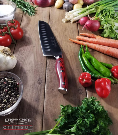 Crimson Series 7-Inch Japanese Santoku Knife - Professional High Carbon X50CrMoV15 German Stainless Steel, Hollow Ground Blade, G10 Ergonomic Handle for Precise Kitchen Performance