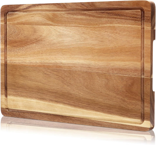 18 in x 12 in Acacia Wood Cutting Board, 1 in Thick Chopping Board with Deep Juice Groove and Back Inner Handles, Kitchen Butcher Block Cutting Board for Meat, Vegetables and Fruit
