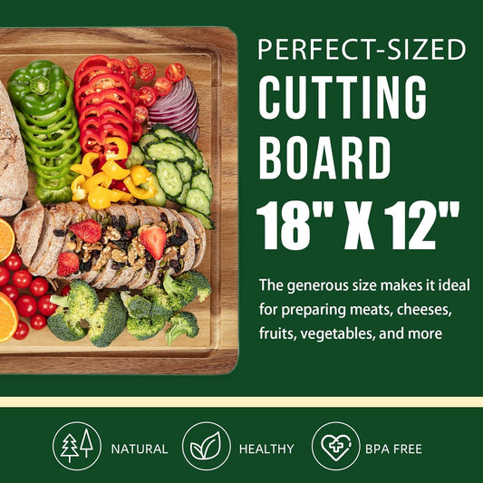 18 in x 12 in Acacia Wood Cutting Board, 1 in Thick Chopping Board with Deep Juice Groove and Back Inner Handles, Kitchen Butcher Block Cutting Board for Meat, Vegetables and Fruit