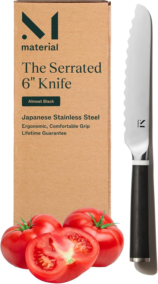 Serrated Bread Knife 6", Bread Knife for Homemade Bread, Serrated Kitchen Knife, Carbon Stainless Steel Santoku-Inspired Blade, Razor-Sharp addition to your Chef Knife Set, Almost Black