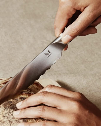 Serrated Bread Knife 6", Bread Knife for Homemade Bread, Serrated Kitchen Knife, Carbon Stainless Steel Santoku-Inspired Blade, Razor-Sharp addition to your Chef Knife Set, Almost Black