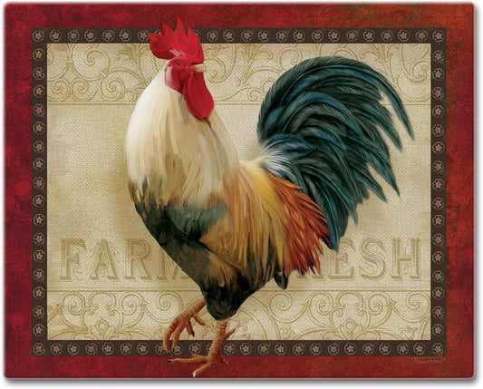 Farm Fresh Rooster 3mm Tempered Glass Cutting Board 15” x 12” | Serving Board, Charcuterie Board, Countertop Protection