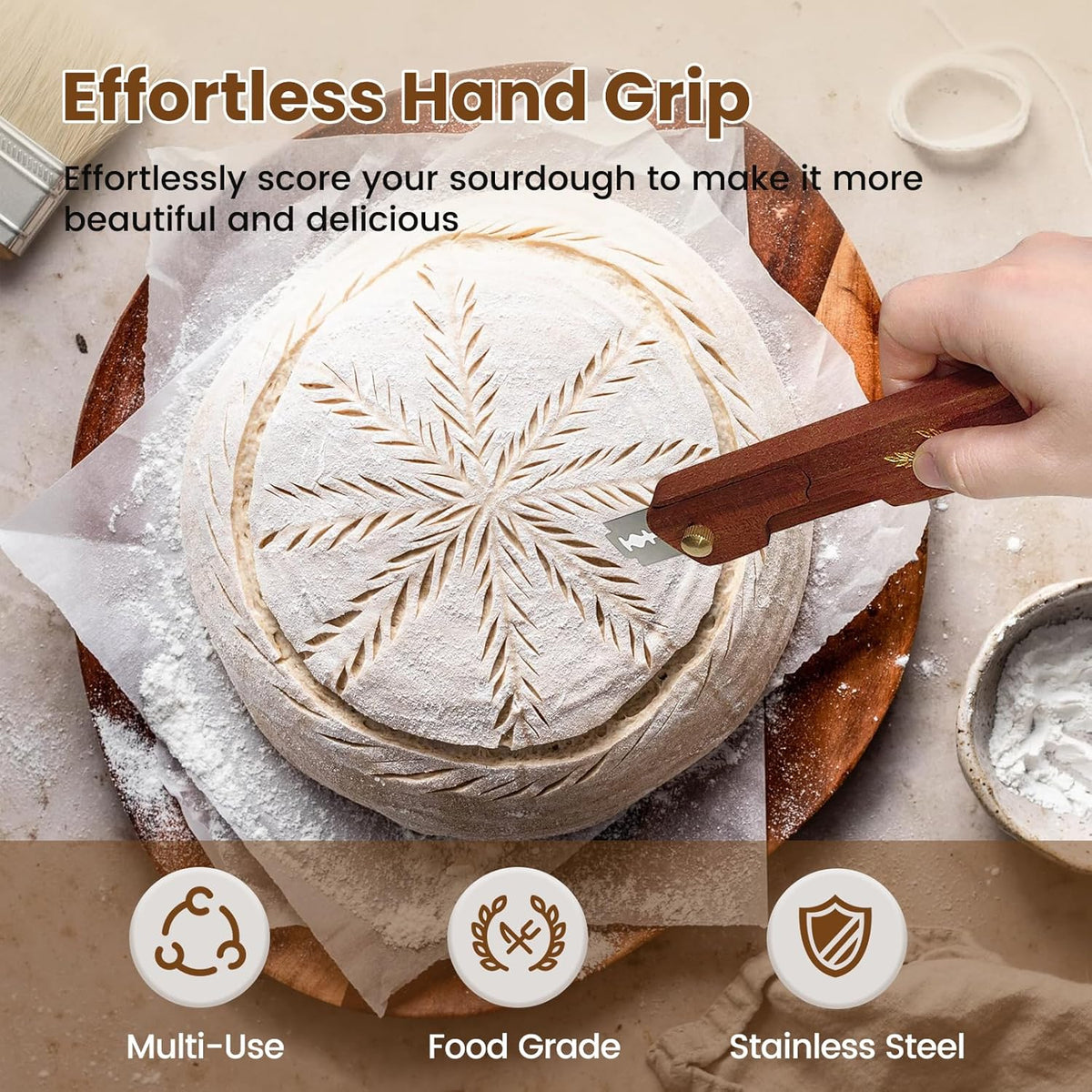 Wooden Bread Lame Dough Scoring Tool, Handcrafted Bread Scoring Tool for Sourdough Bread Baking, Upgraded Sourdough Scoring Tool With Screw Lock & 10 Razor Blades(Reddish Brown)