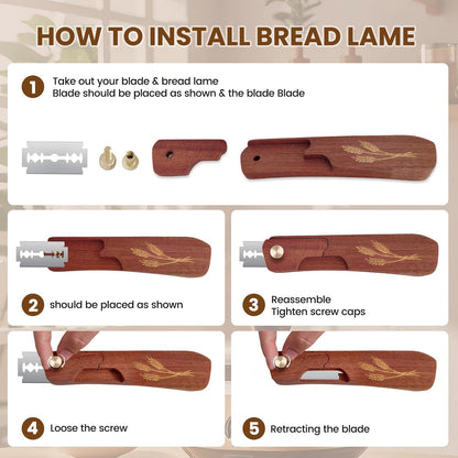 Wooden Bread Lame Dough Scoring Tool, Handcrafted Bread Scoring Tool for Sourdough Bread Baking, Upgraded Sourdough Scoring Tool With Screw Lock & 10 Razor Blades(Reddish Brown)