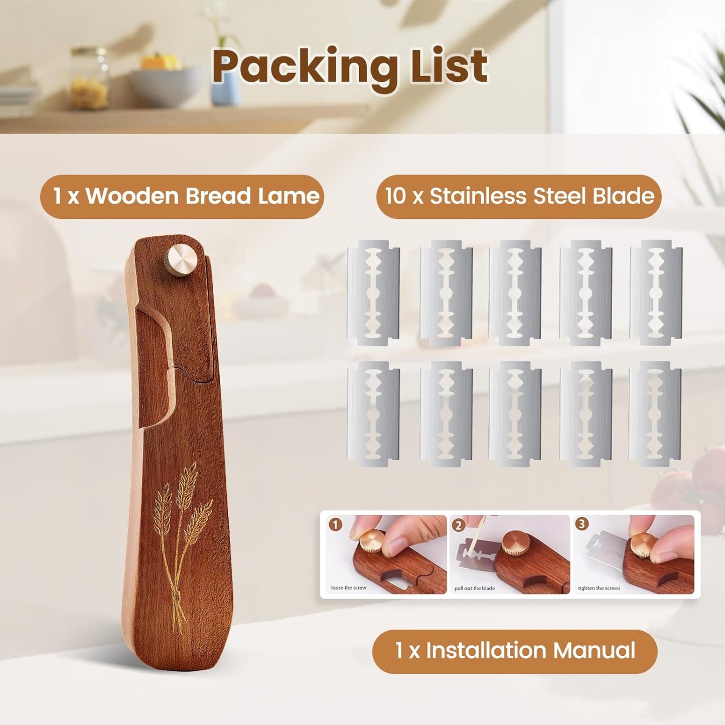 Wooden Bread Lame Dough Scoring Tool, Handcrafted Bread Scoring Tool for Sourdough Bread Baking, Upgraded Sourdough Scoring Tool With Screw Lock & 10 Razor Blades(Reddish Brown)