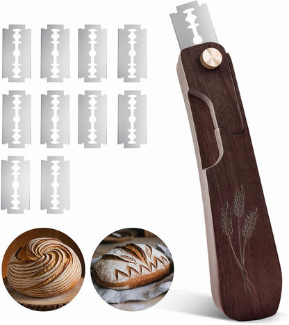 Wooden Bread Lame Dough Scoring Tool, Handcrafted Bread Scoring Tool for Sourdough Bread Baking, Upgraded Sourdough Scoring Tool With Screw Lock & 10 Razor Blades(Reddish Brown)