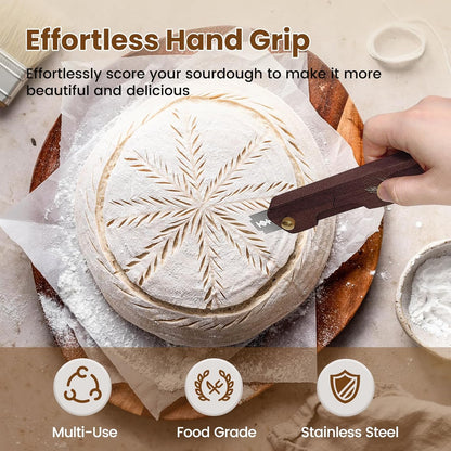 Wooden Bread Lame Dough Scoring Tool, Handcrafted Bread Scoring Tool for Sourdough Bread Baking, Upgraded Sourdough Scoring Tool With Screw Lock & 10 Razor Blades(Reddish Brown)