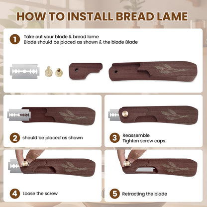 Wooden Bread Lame Dough Scoring Tool, Handcrafted Bread Scoring Tool for Sourdough Bread Baking, Upgraded Sourdough Scoring Tool With Screw Lock & 10 Razor Blades(Reddish Brown)