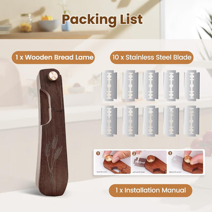 Wooden Bread Lame Dough Scoring Tool, Handcrafted Bread Scoring Tool for Sourdough Bread Baking, Upgraded Sourdough Scoring Tool With Screw Lock & 10 Razor Blades(Reddish Brown)