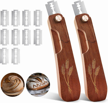 Wooden Bread Lame Dough Scoring Tool, Handcrafted Bread Scoring Tool for Sourdough Bread Baking, Upgraded Sourdough Scoring Tool With Screw Lock & 10 Razor Blades(Reddish Brown)