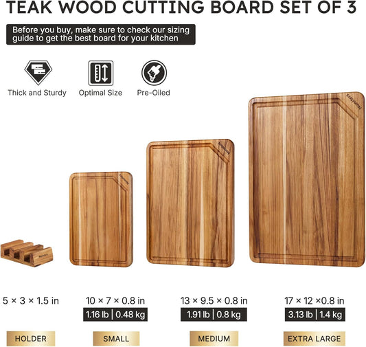 3 Pack Teak Wood Cutting Board Set for Kitchen Charcuterie Board Serving Heavy Duty Non Toxic Slip Hardwood Over Sink Solid Thick Haus Wooden Chopping Board Large Big Small Meat Best Essential Gift