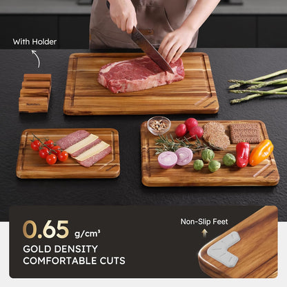 3 Pack Teak Wood Cutting Board Set for Kitchen Charcuterie Board Serving Heavy Duty Non Toxic Slip Hardwood Over Sink Solid Thick Haus Wooden Chopping Board Large Big Small Meat Best Essential Gift