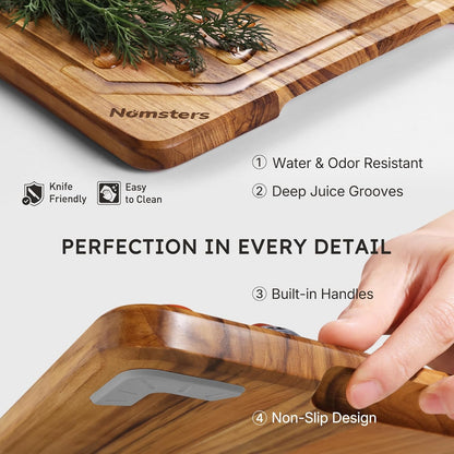 3 Pack Teak Wood Cutting Board Set for Kitchen Charcuterie Board Serving Heavy Duty Non Toxic Slip Hardwood Over Sink Solid Thick Haus Wooden Chopping Board Large Big Small Meat Best Essential Gift