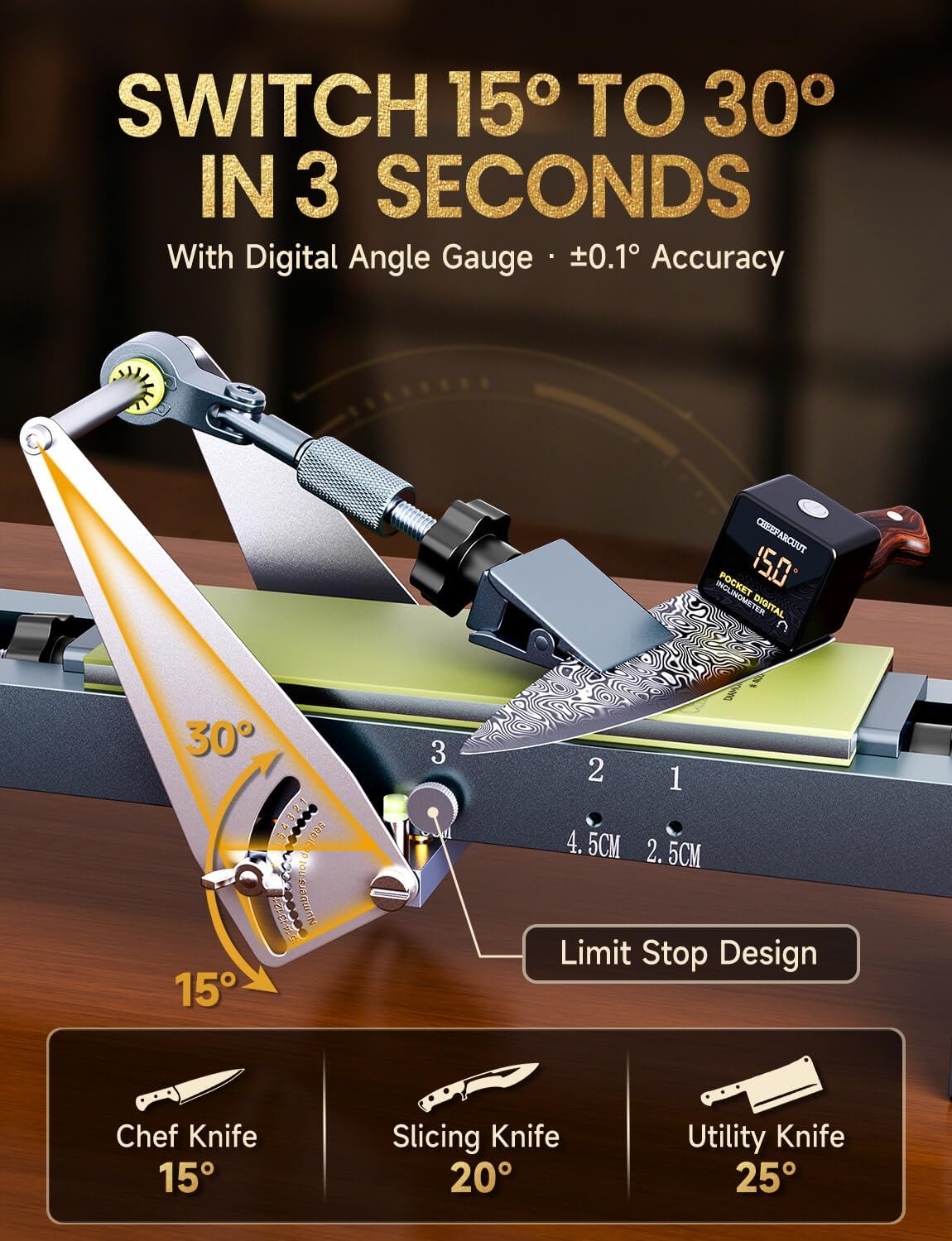 Professional Knife Sharpener with 400/1000 Grit Diamond Sharpening Stones, [3-Minutes Razor Sharp] 0.1° Precise Adjustment Knife Sharpening Kit, 360° Flip Clamp & Sink Bridge Base for Kitchen Knives