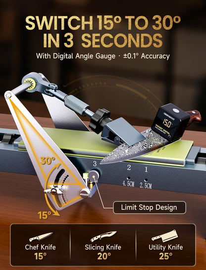 Professional Knife Sharpener with 400/1000 Grit Diamond Sharpening Stones, [3-Minutes Razor Sharp] 0.1° Precise Adjustment Knife Sharpening Kit, 360° Flip Clamp & Sink Bridge Base for Kitchen Knives