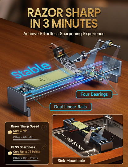 Professional Knife Sharpener with 400/1000 Grit Diamond Sharpening Stones, [3-Minutes Razor Sharp] 0.1° Precise Adjustment Knife Sharpening Kit, 360° Flip Clamp & Sink Bridge Base for Kitchen Knives