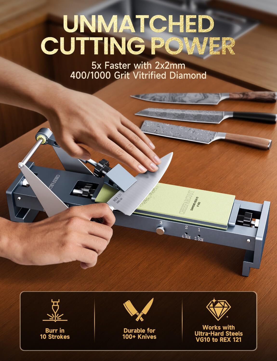 Professional Knife Sharpener with 400/1000 Grit Diamond Sharpening Stones, [3-Minutes Razor Sharp] 0.1° Precise Adjustment Knife Sharpening Kit, 360° Flip Clamp & Sink Bridge Base for Kitchen Knives
