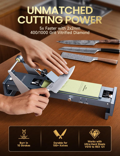 Professional Knife Sharpener with 400/1000 Grit Diamond Sharpening Stones, [3-Minutes Razor Sharp] 0.1° Precise Adjustment Knife Sharpening Kit, 360° Flip Clamp & Sink Bridge Base for Kitchen Knives