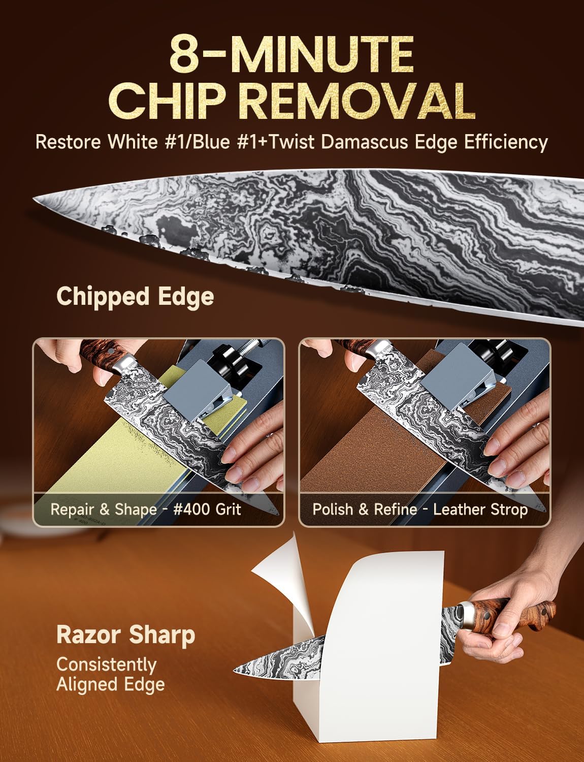 Professional Knife Sharpener with 400/1000 Grit Diamond Sharpening Stones, [3-Minutes Razor Sharp] 0.1° Precise Adjustment Knife Sharpening Kit, 360° Flip Clamp & Sink Bridge Base for Kitchen Knives