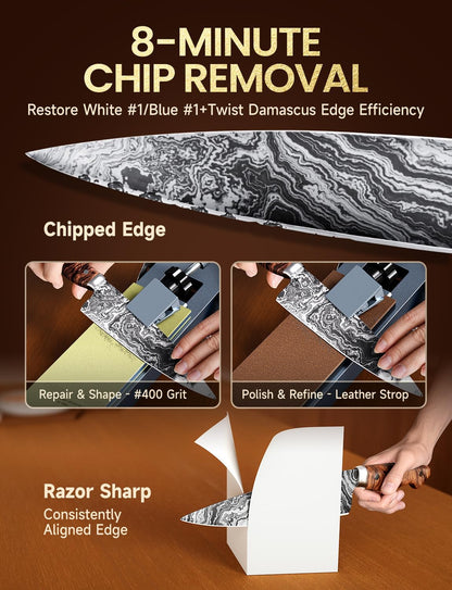 Professional Knife Sharpener with 400/1000 Grit Diamond Sharpening Stones, [3-Minutes Razor Sharp] 0.1° Precise Adjustment Knife Sharpening Kit, 360° Flip Clamp & Sink Bridge Base for Kitchen Knives