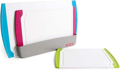 4 Piece Plastic Coded Cutting Board Set plus Organizer with Food Icon, Microban Protection, Extra Large, BPA Free, Juice Groove, Non Slip, Dishwasher Safe, Multicolor