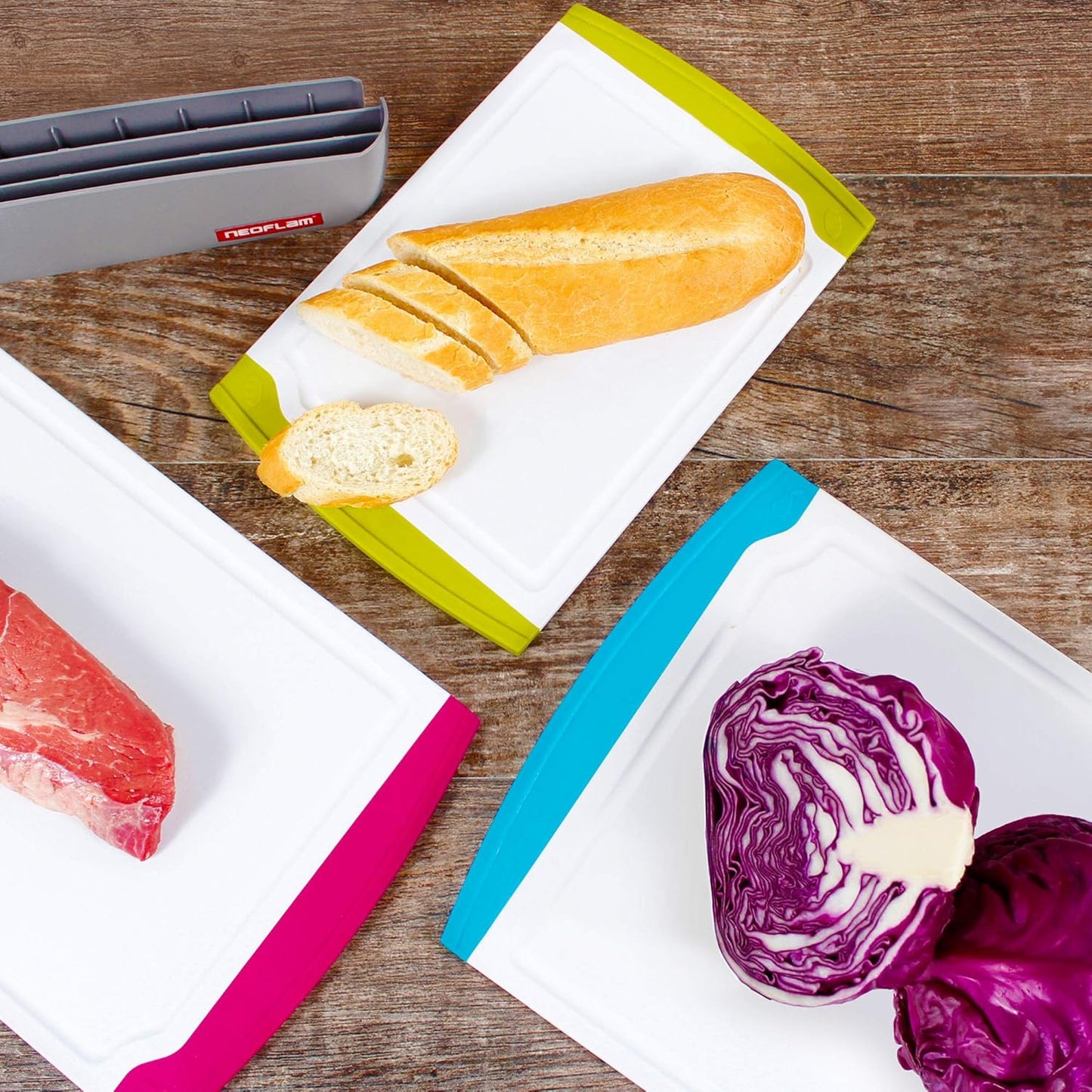 4 Piece Plastic Coded Cutting Board Set plus Organizer with Food Icon, Microban Protection, Extra Large, BPA Free, Juice Groove, Non Slip, Dishwasher Safe, Multicolor