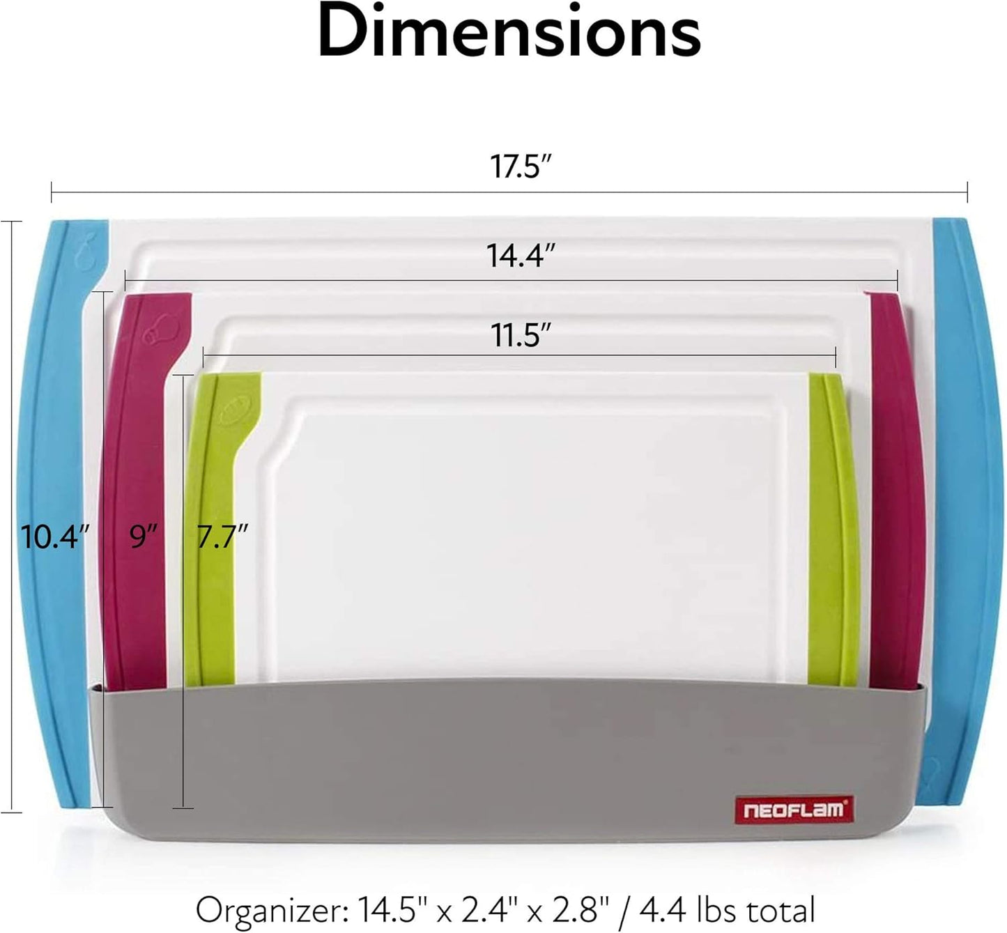 4 Piece Plastic Coded Cutting Board Set plus Organizer with Food Icon, Microban Protection, Extra Large, BPA Free, Juice Groove, Non Slip, Dishwasher Safe, Multicolor