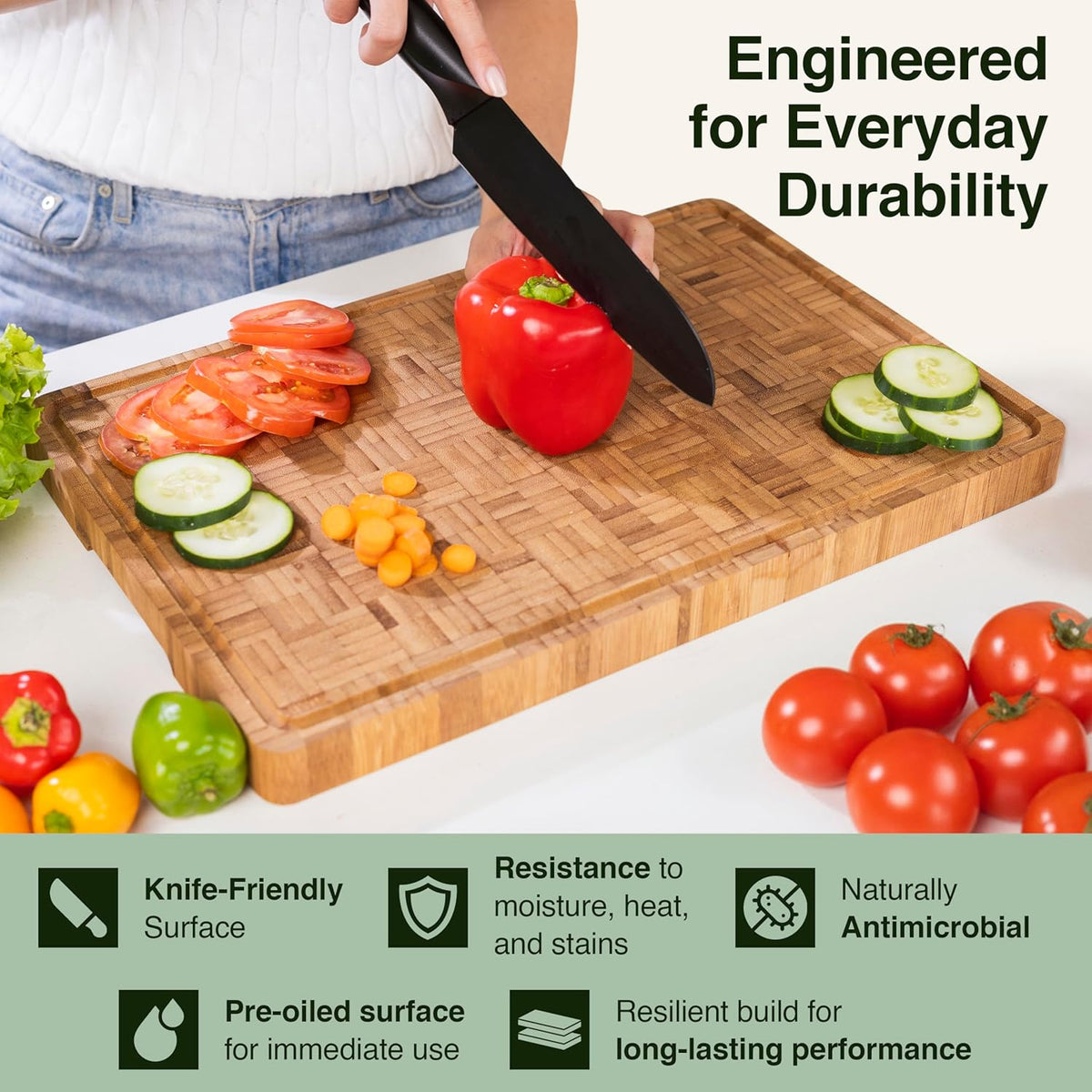 Cactus & Cubby Premium Bamboo Cutting Board. Deluxe Deep Carbonised End Grain Wooden Cutting Board. 16.5" x 11.8". Pre-oiled Butcher Block for Prepping & Serving. Knife Friendly